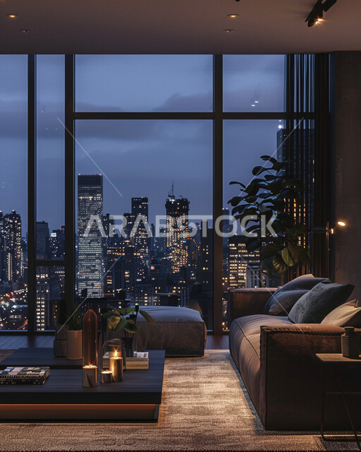 الاطلالة المتميزة عبر النوافذ الزجاجية على المدينة، الشقق والفلل السكنية, الاثاث المنزلي الراقي, مفهوم الترتيب والأناقة المنزلية, التصاميم العصرية على الطراز الحديث بألوان هادئة ومريحة, الهندسة المعمارية الفنية المتطورة لغرف المعيشة الفاخرة