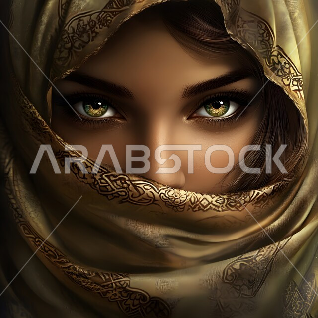 Modern veiled fashion, interest in appearance, concept of elegance and femininity, close-up of a young Arab Gulf Saudi woman wearing the hijab looking at the camera with gestures of self-confidence