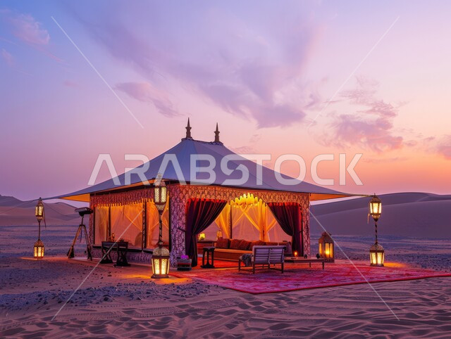 خيمة شعبية في المناطق الصحراوية، الرمال الذهبية الناعمة والطبيعة، مخيمات سياحية في صحاري المملكة العربية السعودية، أجواء التخييم الشبابية الممتعه، المغامرات والكشتات البرية، جلسة هادئة أمام الفوانيس المعدنية المشتعلة