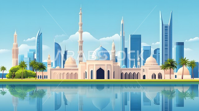 نداء المسلمين لأداء الفرائض والصلوات، الفن الهندسي المعماري العريق لقبب ومآذن الجامع, ديكورات على الطراز الإسلامي, أماكن العبادة والتقرب إلى الله, رسم مجسم مسجد ثلاثي الأبعاد