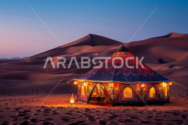 أجواء التخييم الشبابية الممتعه، مخيمات سياحية في صحاري المملكة العربية السعودية، خيمة شعبية في المناطق الصحراوية، الرمال الذهبية الناعمة والطبيعة، المغامرات والكشتات البرية، جلسة هادئة أمام الفوانيس المعدنية المشتعلة