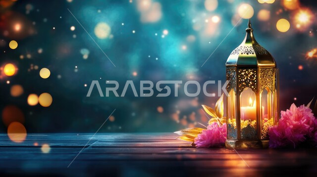 Spiritual Ramadan atmosphere, joy and happiness with the arrival of the month of goodness, decorations and ornaments in the Arab-Islamic style for religious holidays and occasions, the concept of worship, obedience and drawing closer to God, illuminated decorated Arab lanterns on the ground, lighting and decorations of the blessed month of Ramadan, colorful background