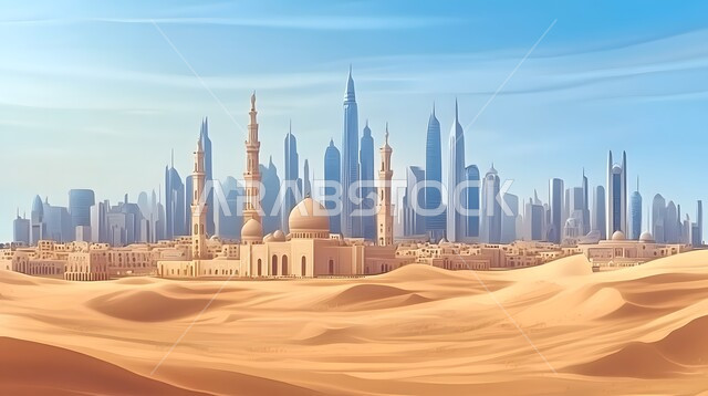 الفن الهندسي المعماري العريق لقبب ومآذن الجامع, ديكورات على الطراز الإسلامي, أماكن العبادة والتقرب إلى الله, رسم مجسم مسجد ثلاثي الأبعاد وسط الصحراء, نداء المسلمين لأداء الفرائض والصلوات