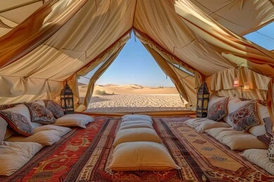 Traditional Arab gatherings, Kashta and youth desert session, camping in natural areas in the Kingdom of Saudi Arabia, a popular Bedouin tent in the middle of the golden sands during the day, tourist camps in the wild areas