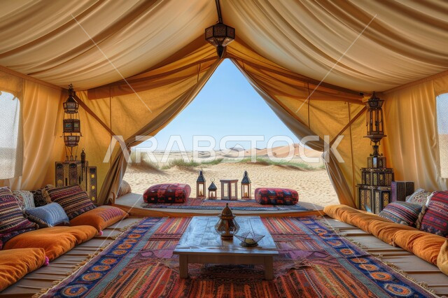 كشتة و جلسة بر شبابية، مجالس عربية تقليدية، التخييم في المناطق الطبيعية في المملكة العربية السعودية، خيمة بدوية شعبية وسط الرمال الذهبية في النهار، مخيمات سياحية في المناطق البرية