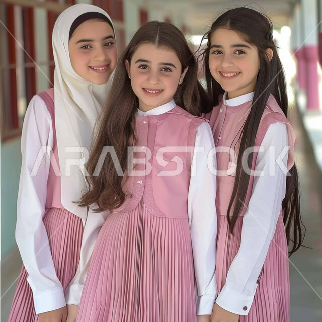 المدارس الأكاديمية في السعودية، مفهوم التعلم في المملكة، المثابرة والاجتهاد للوصول الى المراتب العليا، النظر إلى الكاميرا بإيماءات السعادة والحماس بالعودة إلى المدرسة، الاستعداد للعام الدراسي الجديد، تلميذات عرب خليجيات سعوديات يرتدون اليونيفورم الخاص بالمدرسة