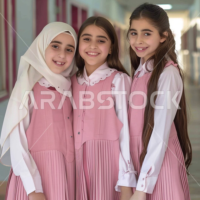 النظر إلى الكاميرا بإيماءات السعادة والحماس بالعودة إلى المدرسة, الاستعداد للعام الدراسي الجديد, تلميذات عرب خليجيات سعوديات يرتدون اليونيفورم الخاص بالمدرسة, المدارس الأكاديمية في السعودية، مفهوم التعلم في المملكة، المثابرة والاجتهاد للوصول الى المراتب العليا