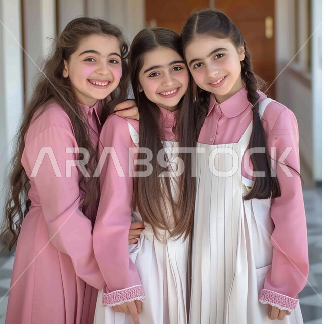 مفهوم التعلم في المملكة، المثابرة والاجتهاد للوصول الى المراتب العليا، النظر إلى الكاميرا بإيماءات السعادة والحماس بالعودة إلى المدرسة، الاستعداد للعام الدراسي الجديد، تلميذات عرب خليجيات سعوديات يرتدون اليونيفورم الخاص بالمدرسة، المدارس الأكاديمية في السعودية