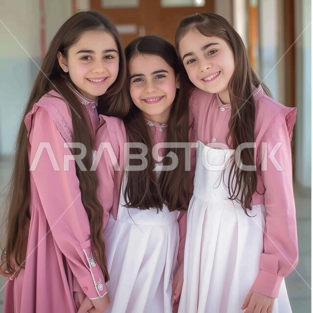 المدارس الأكاديمية في السعودية، مفهوم التعلم في المملكة، المثابرة والاجتهاد للوصول الى المراتب العليا، النظر إلى الكاميرا بإيماءات السعادة والحماس بالعودة إلى المدرسة، الاستعداد للعام الدراسي الجديد، تلميذات عرب خليجيات سعوديات يرتدون اليونيفورم الخاص بالمدرسة