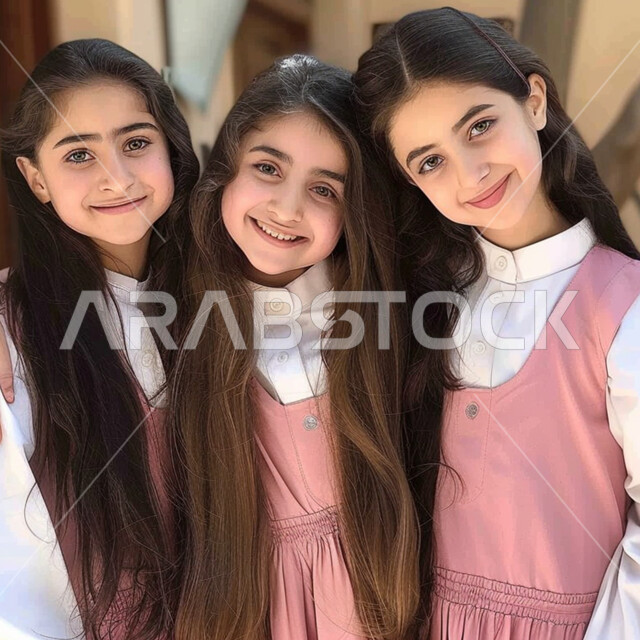 النظر إلى الكاميرا بإيماءات السعادة والحماس بالعودة إلى المدرسة, الاستعداد للعام الدراسي الجديد, تلميذات عرب خليجيات سعوديات يرتدون اليونيفورم الخاص بالمدرسة, المدارس الأكاديمية في السعودية، مفهوم التعلم في المملكة، المثابرة والاجتهاد للوصول الى المراتب العليا