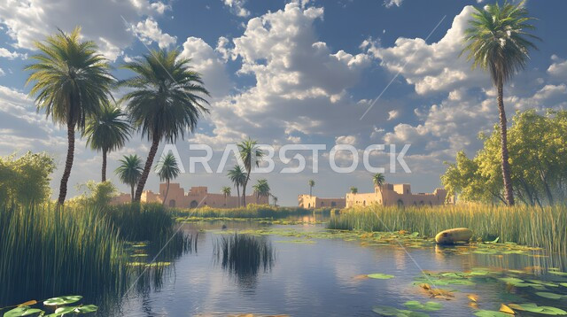 رسم ثلاثي الأبعاد لإحدى الواحات في المملكة العربية السعودية, منظر انعكاس صورة أشجار النخيل على مياه البحيرة, أماكن ووجهات طبيعية للسياح والزوار, خلفية الطبيعة, مناطق الطبيعة الجبلية الخضراء