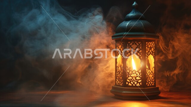 ديكورات على الطراز العربي الإسلامي  للمناسبات الدينية ،اضاءة وزينة شهر رمضان المبارك ،مفهوم العبادة والطاعة والتقرب إلى الله ،السرور والبهجة بقدوم شهر الخير  ،صورة مقربة لفانوس مزخرف مضيء ،الأجواء الرمضانية الروحانية ،خلفية ضبابية