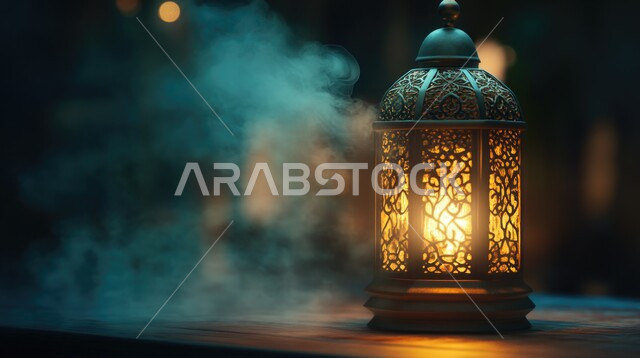 اضاءة وزينة شهر رمضان المبارك ،مفهوم العبادة والطاعة والتقرب إلى الله ،السرور والبهجة بقدوم شهر الخير  ،صورة مقربة لفانوس معدني مزخرف مضيء ،الأجواء الرمضانية الروحانية ،خلفية ضبابية