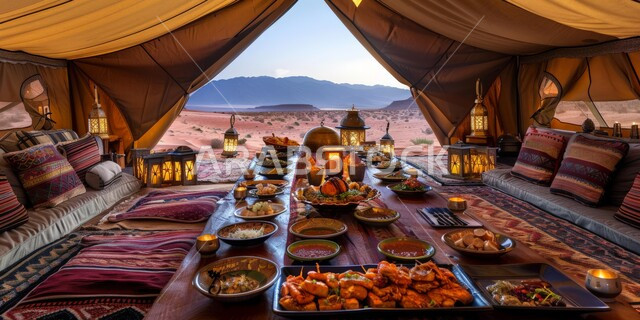 مائدة طعام كبيرة مليئة بأصناف المأكولات الشهية، جلسة و كشتة بر شبابية، مجالس عربية تقليدية، مخيمات سياحية في المناطق البرية، خيمة بدوية شعبية وسط الرمال الذهبية، التخييم في المناطق الطبيعية في المملكة العربية السعودية