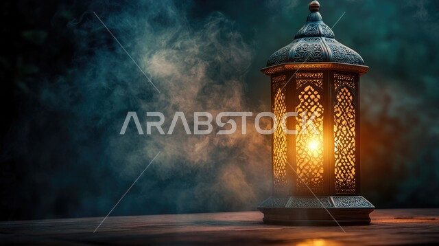 الأجواء الرمضانية الروحانية ،اضاءة وزينة  شهر رمضان المبارك ،مفهوم العبادة والطاعة والتقرب إلى الله ،السرور والبهجة بقدوم شهر الخير  ،صورة مقربة لفانوس معدني مزخرف مضيء  ،خلفية ضبابية