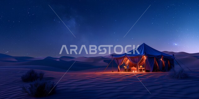 أجواء التخييم الشبابية الممتعه، خيمة شعبية في المناطق الصحراوية، الرمال الذهبية الناعمة والطبيعة، مخيمات سياحية في صحاري المملكة العربية السعودية، المغامرات والكشتات البرية، جلسة ليلية هادئة أمام الفوانيس المعدنية المشتعلة