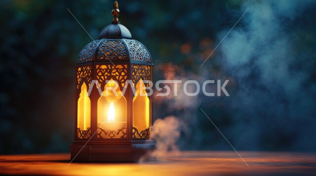 الأجواء الرمضانية الروحانية ،اضاءة وزينة  شهر رمضان المبارك ،مفهوم العبادة والطاعة والتقرب إلى الله ،السرور والبهجة بقدوم شهر الخير  ،صورة مقربة لفانوس معدني مزخرف مضيء ،خلفية ضبابية
