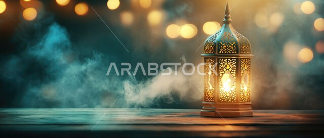 Celebrating religious occasions and holidays, the spiritual atmosphere of Ramadan, lighting and decoration of the holy month of Ramadan, the concept of worship, obedience and drawing closer to God, joy and happiness with the arrival of the month of goodness, a close-up image of a decorated illuminated metal lantern, a blurry colored background