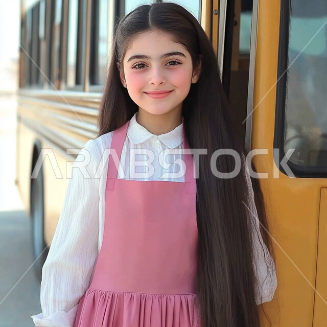 حب التعلم والتعليم, طالبة عربية خليجية سعودية ترتدي الزي الموحد وتقف جانب باص النقل المدرسي, الإستعداد للعام الدراسي الجديد، النظر الى الكاميرا بايماءات السعادة والسرور، الاجتهاد والمثابرة للوصول الى المراتب العليا، العوده إلى المدارس، تعابير الأدب والأخلاق