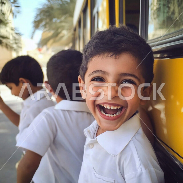 طالب عربي خليجي سعودي يرتدي الزي الموحد ويقف جانب باص النقل المدرسي, الإستعداد للعام الدراسي الجديد، النظر الى الكاميرا بايماءات السعادة والسرور، الاجتهاد والمثابرة للوصول الى المراتب العليا، العوده إلى المدارس، تعابير الأدب والأخلاق، حب التعلم والتعليم