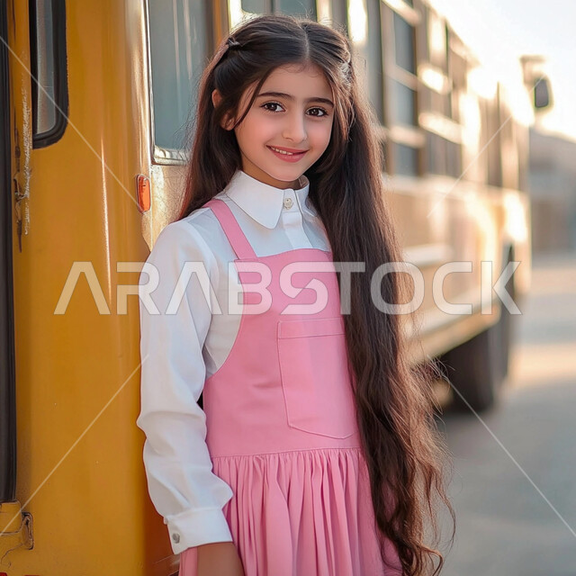 حب التعلم والتعليم, طالبة عربية خليجية سعودية ترتدي الزي الموحد وتقف جانب باص النقل المدرسي, الإستعداد للعام الدراسي الجديد، النظر الى الكاميرا بايماءات السعادة والسرور، الاجتهاد والمثابرة للوصول الى المراتب العليا، العوده إلى المدارس، تعابير الأدب والأخلاق