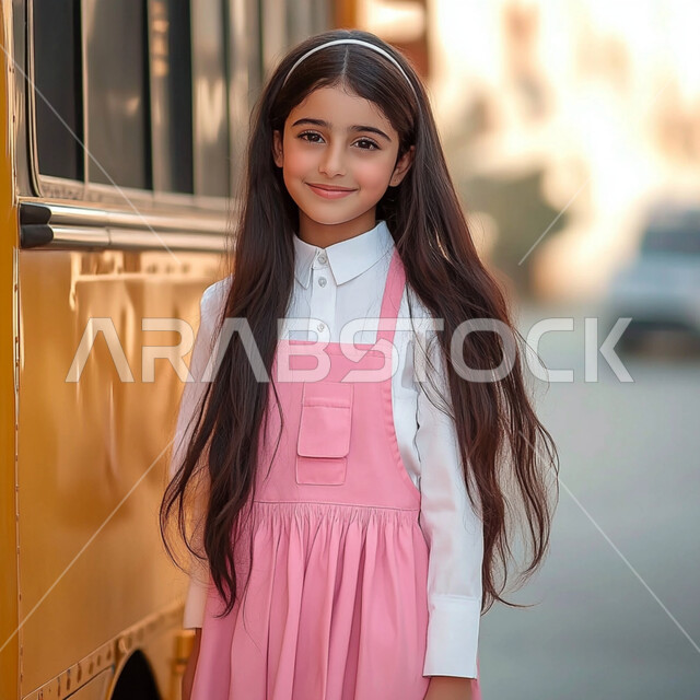 تعابير الأدب والأخلاق, حب التعلم والتعليم, طالبة عربية خليجية سعودية ترتدي الزي الموحد وتقف جانب باص النقل المدرسي, الإستعداد للعام الدراسي الجديد، النظر الى الكاميرا بايماءات السعادة والسرور، الاجتهاد والمثابرة للوصول الى المراتب العليا، العوده إلى المدارس