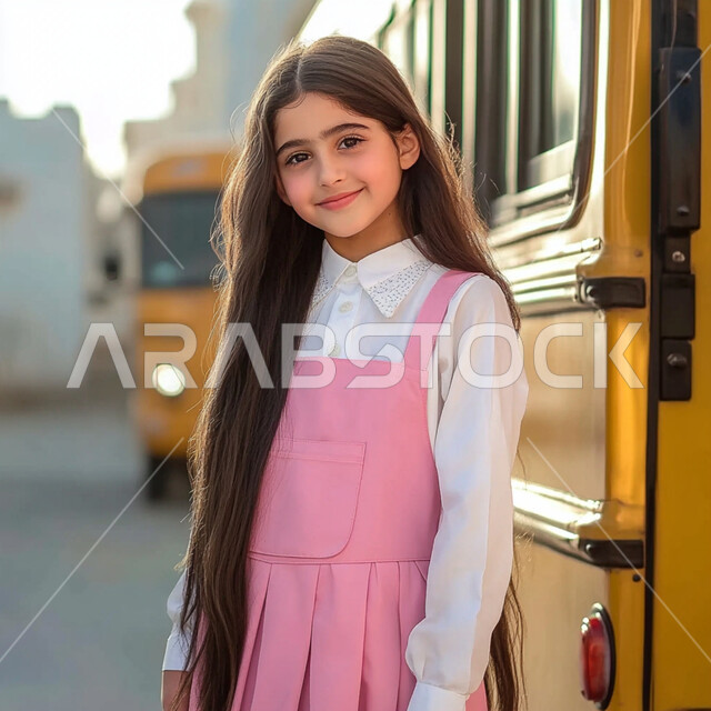 العوده إلى المدارس, تعابير الأدب والأخلاق, حب التعلم والتعليم, طالبة عربية خليجية سعودية ترتدي الزي الموحد وتقف جانب باص النقل المدرسي, الإستعداد للعام الدراسي الجديد، النظر الى الكاميرا بايماءات السعادة والسرور، الاجتهاد والمثابرة للوصول الى المراتب العليا