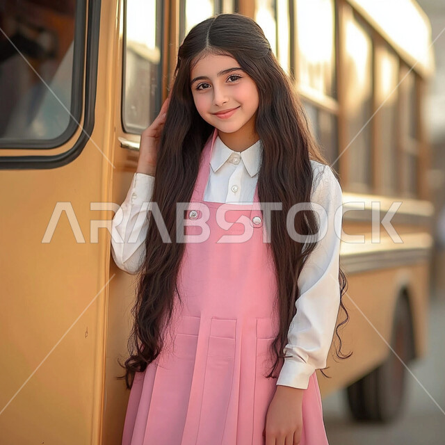 النظر الى الكاميرا بايماءات السعادة والسرور، العوده إلى المدارس, تعابير الأدب والأخلاق, حب التعلم والتعليم, طالبة عربية خليجية سعودية ترتدي الزي الموحد وتقف جانب باص النقل المدرسي, الإستعداد للعام الدراسي الجديد