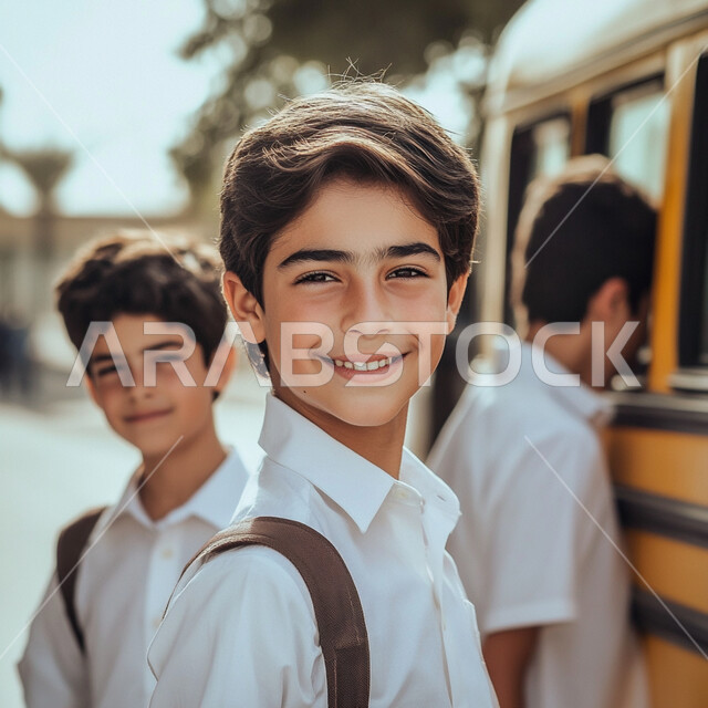  تلاميذ عرب خليجيين سعوديين يرتدون اليونيفورم الخاص بالمدرسة، المدارس الأكاديمية في السعودية، الالتزام بالدوام المدرسي، المثابرة والاجتهاد للوصول الى المراتب العليا، النظر إلى الكاميرا بإيماءات السعادة والحماس، الاستعداد للعام الدراسي الجديد