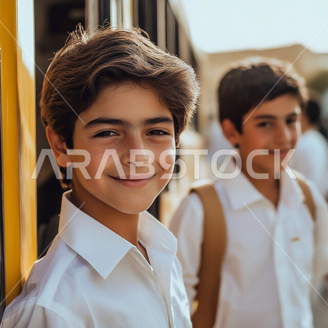الاستعداد للعام الدراسي الجديد، تلاميذ عرب خليجيين سعوديين يرتدون اليونيفورم الخاص بالمدرسة، المدارس الأكاديمية في السعودية، الالتزام بالدوام المدرسي، المثابرة والاجتهاد للوصول الى المراتب العليا، النظر إلى الكاميرا بإيماءات السعادة والحماس بالعودة إلى المدرسة