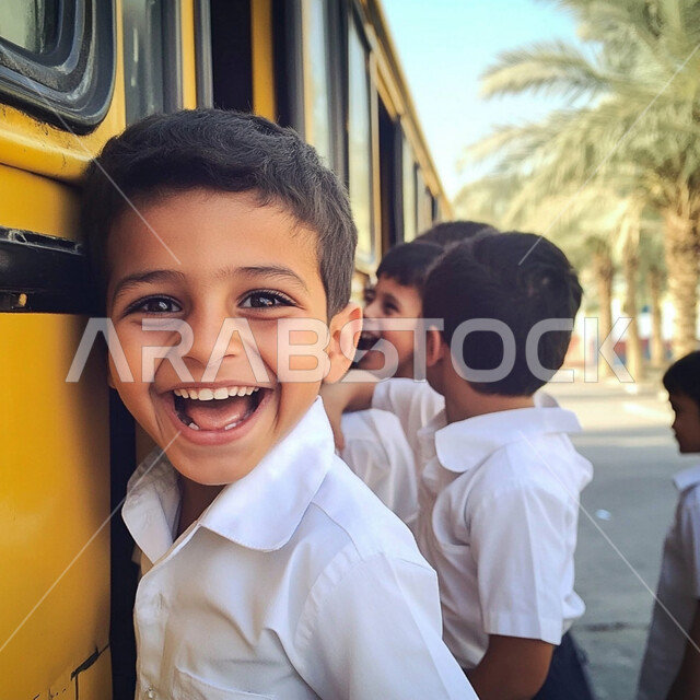 الاجتهاد والمثابرة للوصول الى المراتب العليا، تلاميذ عرب خليجيين سعوديين يرتدون اليونيفورم الخاص بالمدرسة المدارس الأكاديمية في السعودية، الالتزام بالدوام المدرسي، النظر إلى الكاميرا بإيماءات السعادة والحماس، الاستعداد للعام الدراسي الجديد