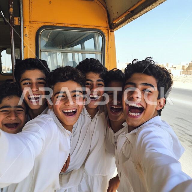 النظر إلى الكاميرا بإيماءات السعادة والحماس بالعودة إلى المدرسة، الاستعداد للعام الدراسي الجديد، تلاميذ عرب خليجيين سعوديين يرتدون اليونيفورم الخاص بالمدرسة، المدارس الأكاديمية في السعودية، الالتزام بالدوام المدرسي، المثابرة والاجتهاد للوصول الى المراتب العليا