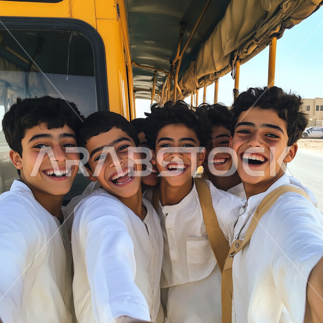 المثابرة والاجتهاد للوصول الى المراتب العليا، النظر إلى الكاميرا بإيماءات السعادة والحماس بالعودة إلى المدرسة، الاستعداد للعام الدراسي الجديد، تلاميذ عرب خليجيين سعوديين يرتدون اليونيفورم الخاص بالمدرسة، المدارس الأكاديمية في السعودية، الالتزام بالدوام المدرسي