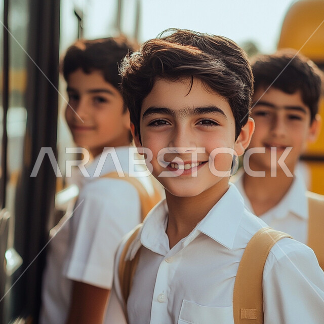 Commitment to school attendance, perseverance and hard work to reach the highest ranks, looking at the camera with gestures of happiness and enthusiasm for returning to school, preparing for the new school year, Saudi Gulf Arab students wearing school uniforms, academic schools in Saudi Arabia