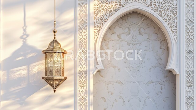 رسوم توضيحية ثلاثية الأبعاد لتحف واكسسوارات وزينة شهر رمضان المبارك، الاستعداد لقدوم شهر الخير والبركة، فانوس معلق عربي معدني تقليدي باللون الذهبي، مناسبات واعياد دينية، خلفية بيضاء