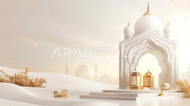 رسوم توضيحية ثلاثية الأبعاد لتحف واكسسوارات وزينة شهر رمضان المبارك، الاستعداد لقدوم شهر الخير والبركة، فانوس عربي معدني تقليدي باللون الذهبي، مناسبات واعياد دينية، خلفية بيضاء