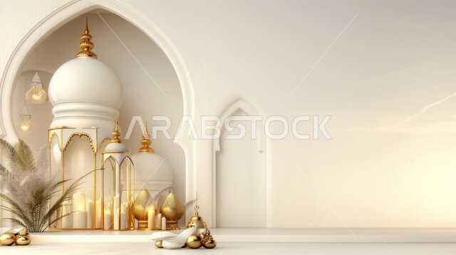 3D illustrations of antiques, accessories, and decorations for the holy month of Ramadan, preparing for the coming of the month of goodness and blessings, a traditional metal Arabic lantern in golden color, religious occasions and holidays, a white background.