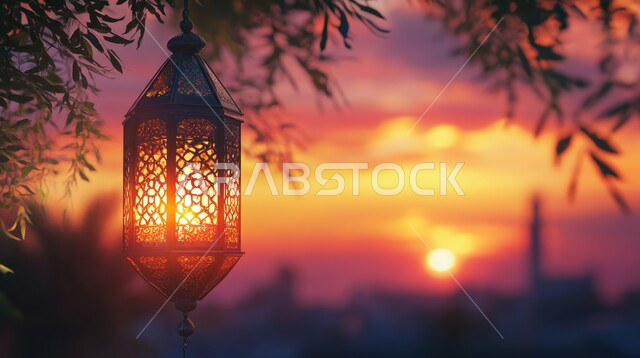 الفانوس المعدني المضيء أثناء غروب الشمس ،الأجواء الرمضانية الروحانية ،اضاءة وزينة  شهر رمضان المبارك ،مفهوم العبادة والطاعة والتقرب إلى الله ،السرور والبهجة بقدوم شهر الخير