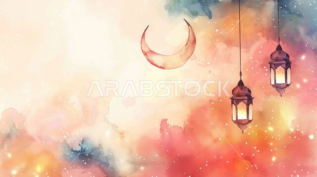 مناسبات واعياد دينية، فوانيس معلقة معدنية تقليدية ، رسوم توضيحية ثلاثية الأبعاد لتحف واكسسوارات وزينة شهر رمضان المبارك، الاستعداد لقدوم شهر الخير والبركة، خلفية ملونة