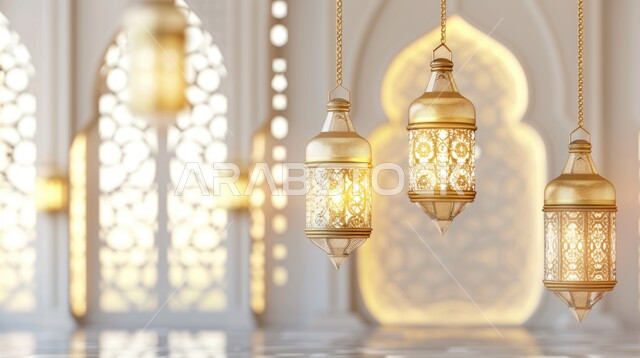 فوانيس معلقة معدنية تقليدية باللون الذهبي، مناسبات واعياد دينية، رسوم توضيحية ثلاثية الأبعاد لتحف واكسسوارات وزينة شهر رمضان المبارك، الاستعداد لقدوم شهر الخير والبركة، خلفية بيضاء