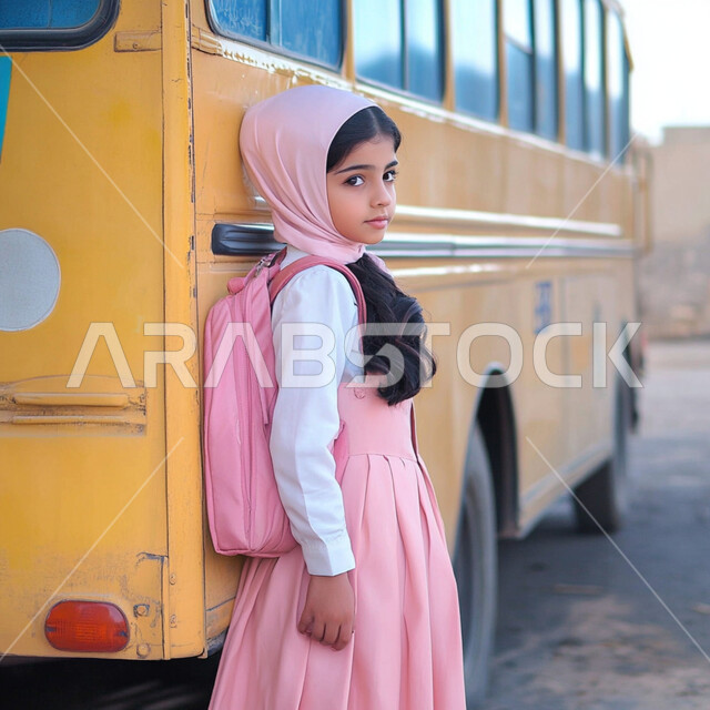 العوده إلى المدارس، النظر الى الكاميرا بايماءات السعادة والسرور، الاجتهاد والمثابرة للوصول الى المراتب العليا، تعابير الأدب والأخلاق، حب التعلم والتعليم، طالبة عربية خليجية سعودية ترتدي الزي الموحد وتقف جانب باص النقل المدرسي، الإستعداد للعام الدراسي الجديد