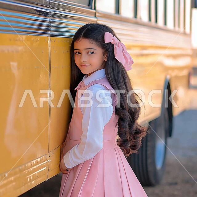 Love of learning and education, a Saudi Arabian Gulf student wearing a uniform and standing next to the school bus, preparing for the new school year, looking at the camera with gestures of happiness and pleasure, diligence and perseverance to reach the highest ranks, returning to school, expressions of politeness and morals