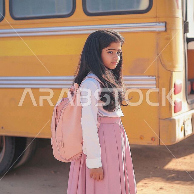 الإستعداد للعام الدراسي الجديد، النظر الى الكاميرا بايماءات السعادة والسرور، الاجتهاد والمثابرة للوصول الى المراتب العليا، العوده إلى المدارس، تعابير الأدب والأخلاق، حب التعلم والتعليم، طالبة عربية خليجية سعودية ترتدي الزي الموحد وتقف جانب باص النقل المدرسي