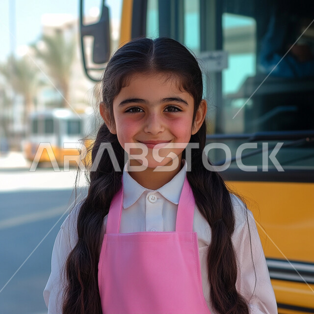 النظر الى الكاميرا بايماءات السعادة والسرور، الاجتهاد والمثابرة للوصول الى المراتب العليا، العوده إلى المدارس، تعابير الأدب والأخلاق، حب التعلم والتعليم، طالبة عربية خليجية سعودية ترتدي الزي الموحد وتقف جانب باص النقل المدرسي، الإستعداد للعام الدراسي الجديد