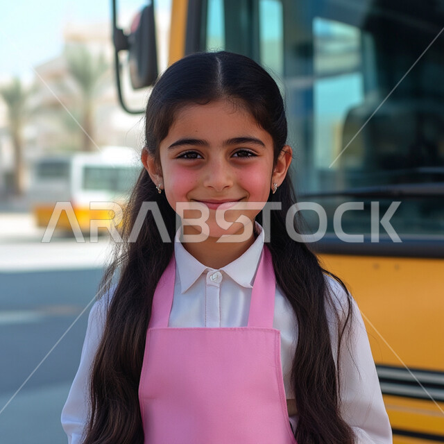 الإستعداد للعام الدراسي الجديد، النظر الى الكاميرا بايماءات السعادة والسرور، الاجتهاد والمثابرة للوصول الى المراتب العليا، العوده إلى المدارس، تعابير الأدب والأخلاق، حب التعلم والتعليم، طالبة عربية خليجية سعودية ترتدي الزي الموحد وتقف جانب باص النقل المدرسي