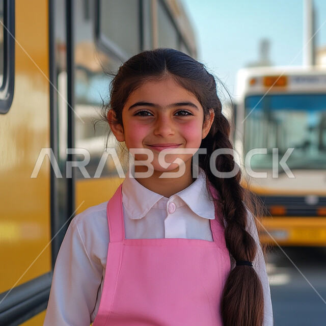 حب التعلم والتعليم, طالبة عربية خليجية سعودية ترتدي الزي الموحد وتقف جانب باص النقل المدرسي, الإستعداد للعام الدراسي الجديد، النظر الى الكاميرا بايماءات السعادة والسرور، الاجتهاد والمثابرة للوصول الى المراتب العليا، العوده إلى المدارس، تعابير الأدب والأخلاق
