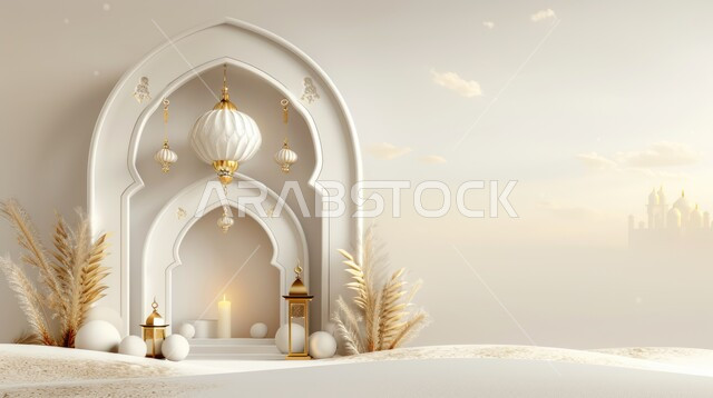 مناسبات واعياد دينية، فوانيس عربية  معدنية تقليدية باللون الذهبي، رسوم توضيحية ثلاثية الأبعاد لتحف واكسسوارات وزينة شهر رمضان المبارك، الاستعداد لقدوم شهر الخير والبركة، خلفية بيضاء