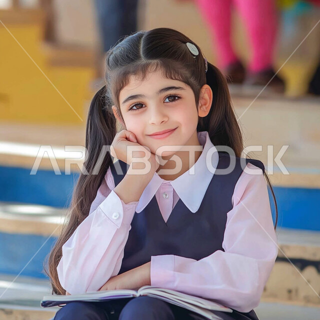 حب التعلم والتعليم، طالبة عربية خليجية سعودية ترتدي اليونيفورم المدرسي الخاص، الإستعداد للعام الدراسي الجديد، العوده إلى المدارس، النظر الى الكاميرا بايماءات السعادة والسرور، الاجتهاد والمثابرة للوصول الى المراتب العليا، تعابير الأدب والأخلاق