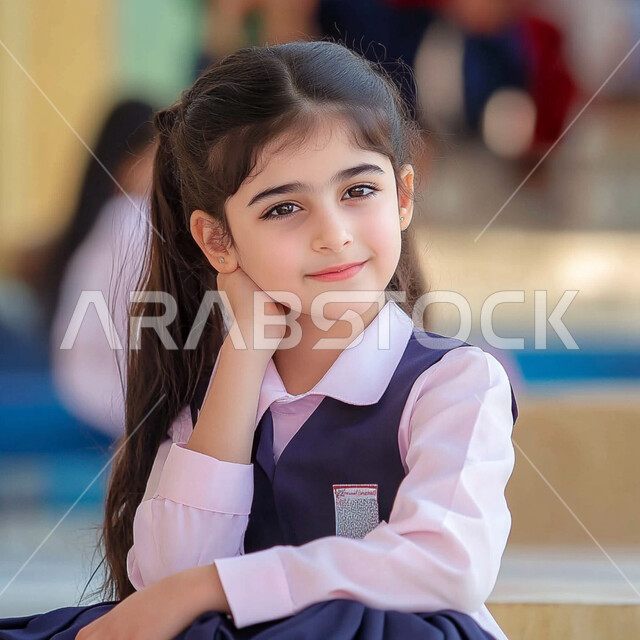Expressions of politeness and morals, love of learning and teaching, a Saudi Arabian Gulf student wearing a private school uniform, preparing for the new school year, returning to school, looking at the camera with gestures of happiness and pleasure, hard work and perseverance to reach the highest ranks