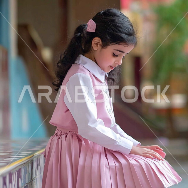 المدارس الأكاديمية في المملكة العربية السعودية، طالبة عربية خليجية سعودية ترتدي اليونيفورم المدرسي الخاص وتلعب في ساحة المدرسةبايماءات السعادة، الإستعداد للعام الدراسي الجديد، العوده إلى المدارس، تعابير الأدب والأخلاق، تنمية قدرات الأطفال الحركية والذهنية